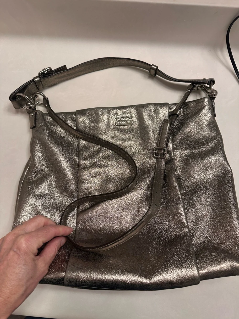 Coach Madison Metallic Pewter Pebbled Leather Crossbody - Picture 5 of 16